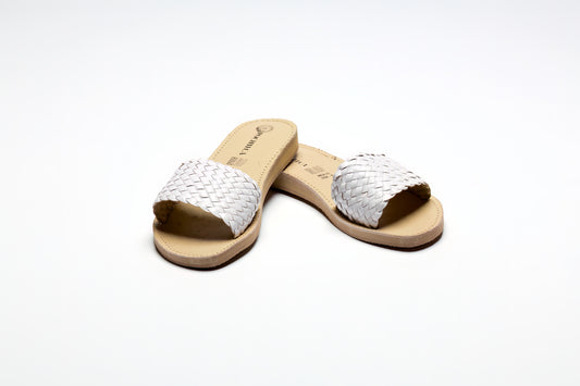 White Woven Leather Slides